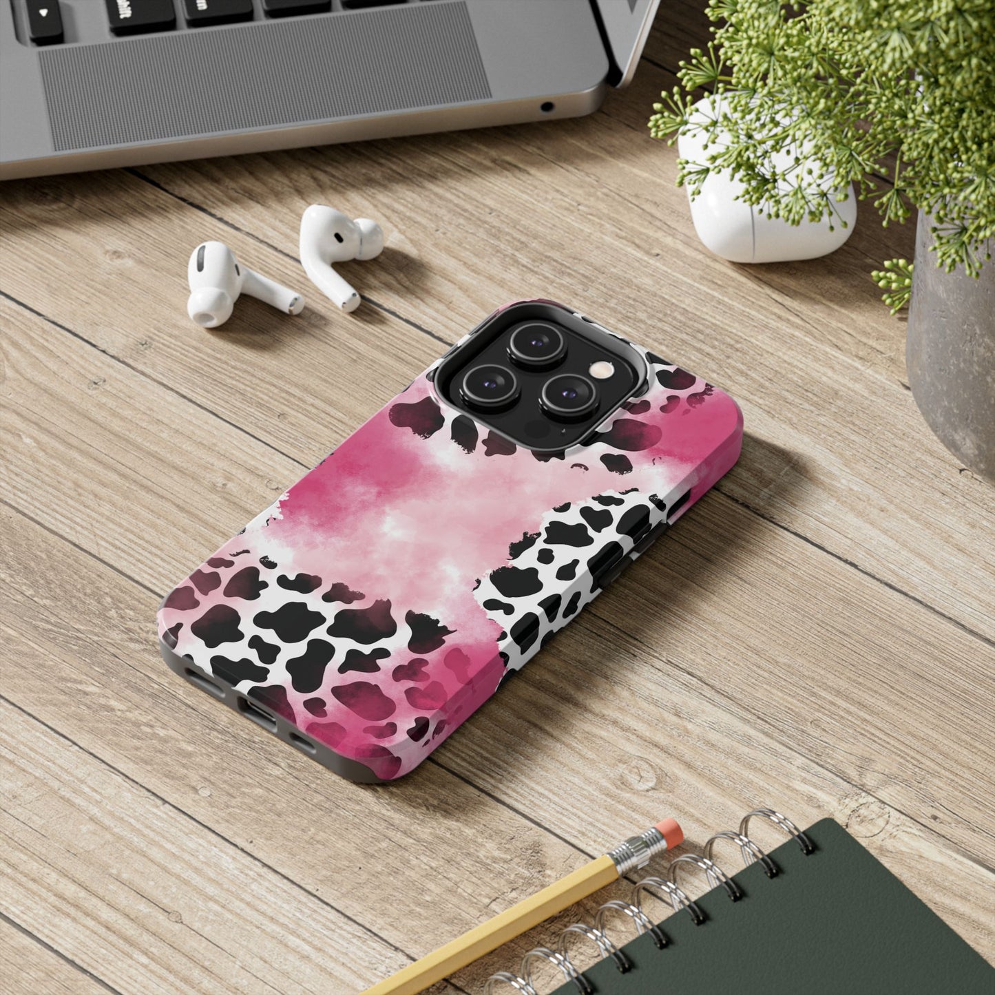 Pink Watercolor Cow Print Blend iPhone Tough Phone Case
