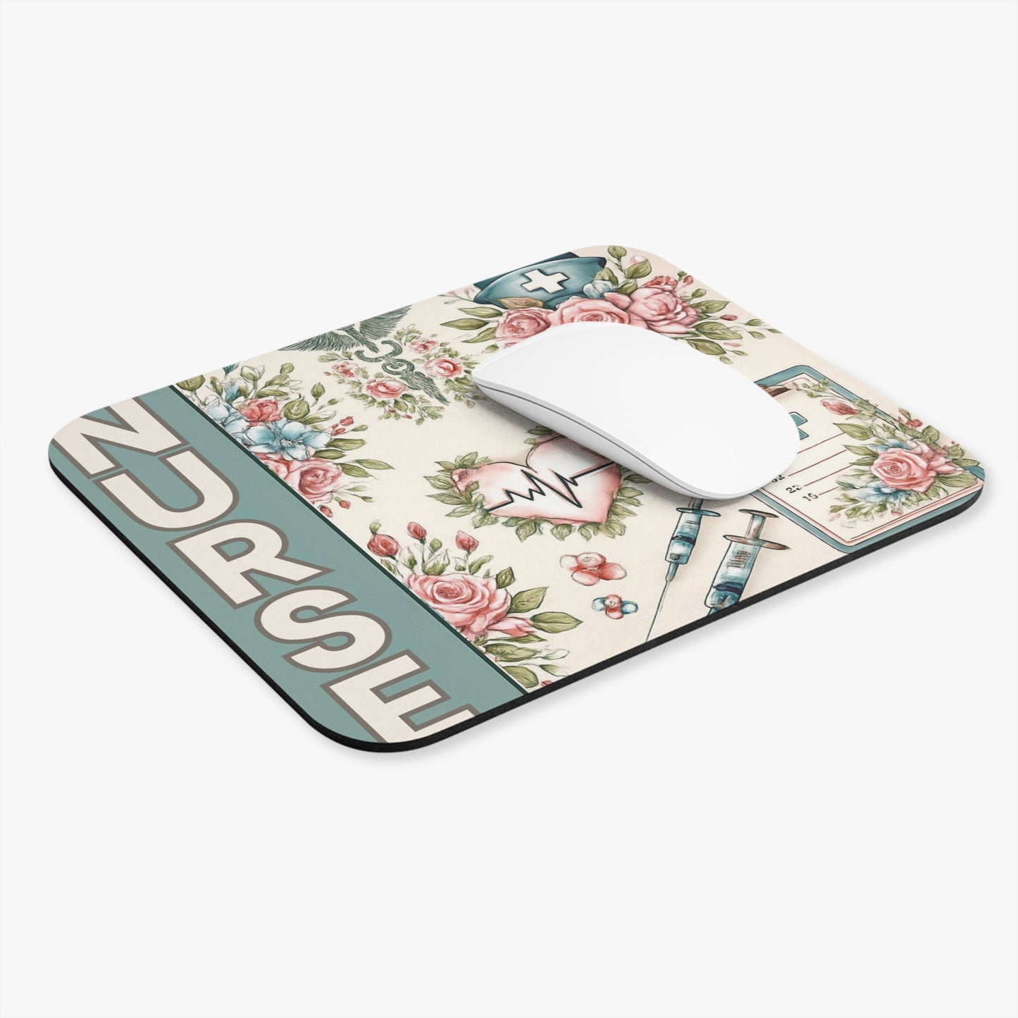Vintage Style Nurse Mouse Pad Floral Heartbeat Design for Medical Professionals