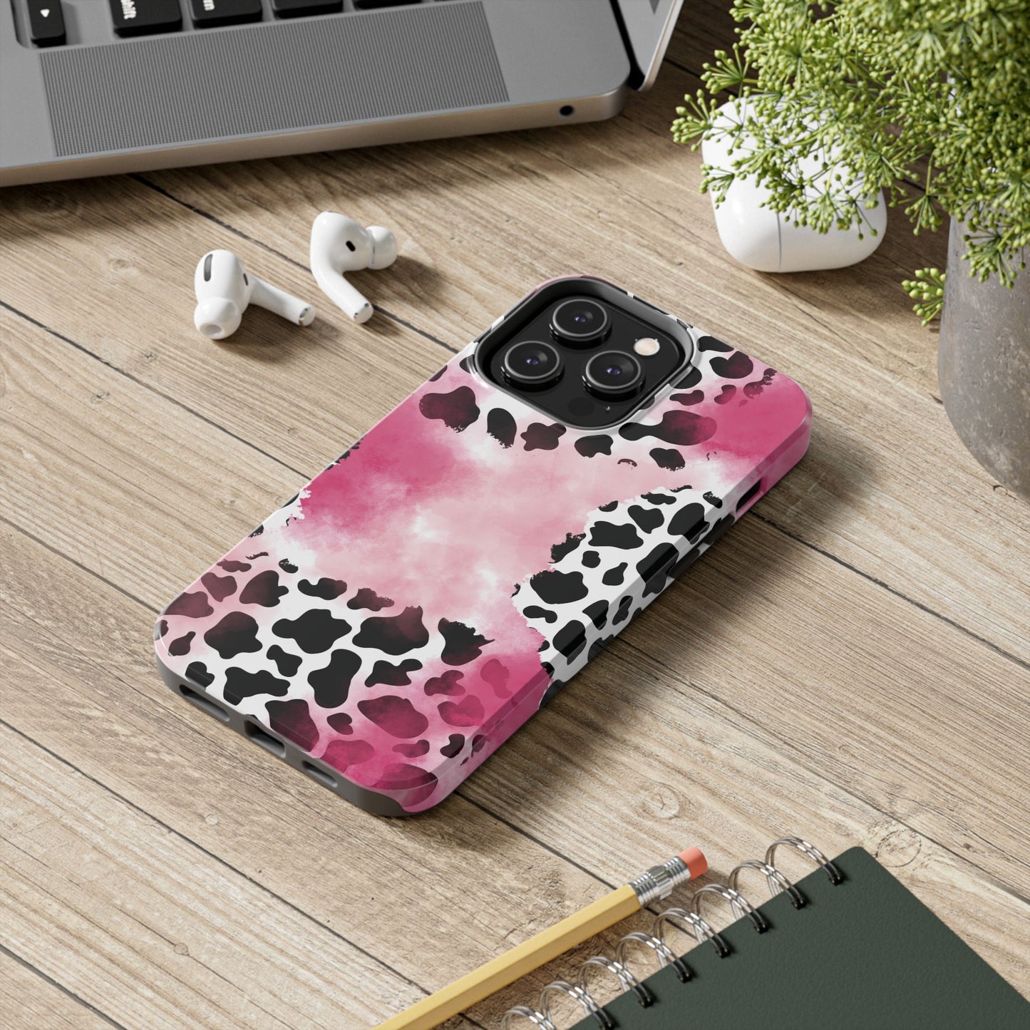 Pink Watercolor Cow Print Blend iPhone Tough Phone Case