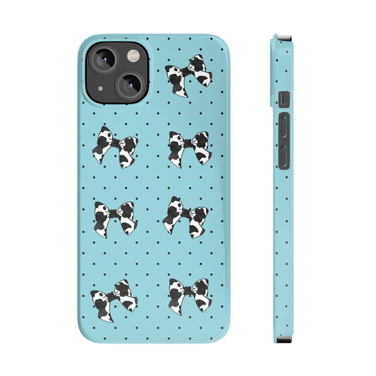 Cow Print Coquette Bow & Polka Dot Teal Slim iPhone Case