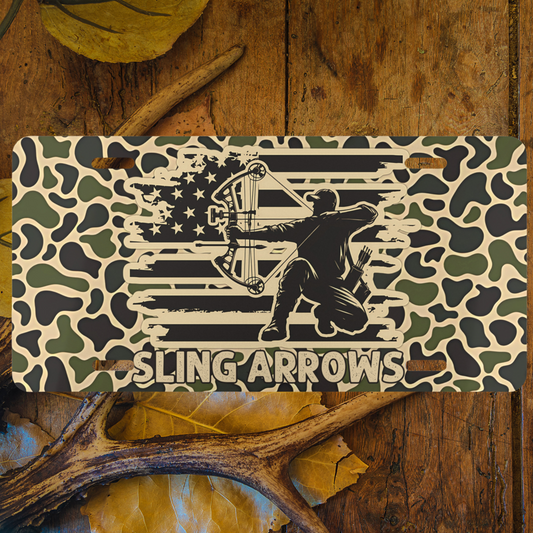 Sling Arrows Old Skool Camouflage Bowhunter Decorative License Plate