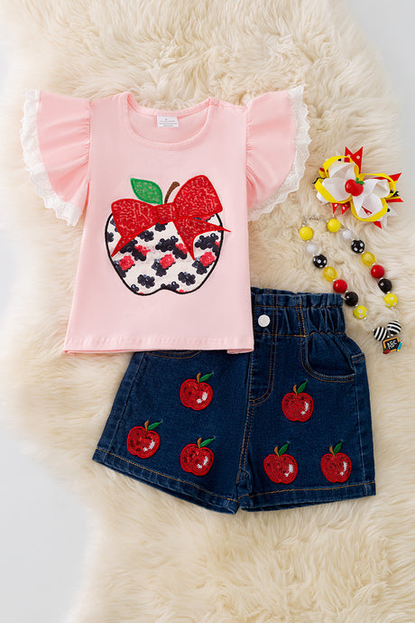 Back to School Apple Sequins Angel Sleeve Top and Denim Short Girls Set