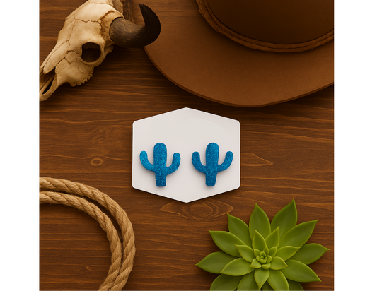 Sparkly Blue Cactus Cacti Acrylic Stud Earrings