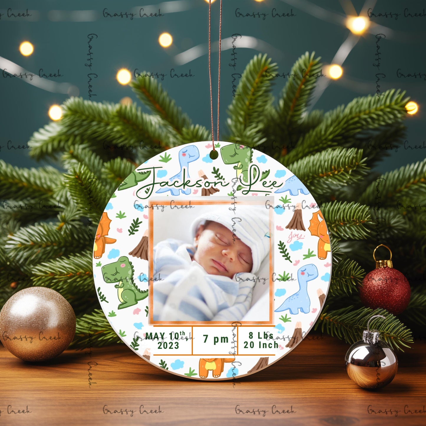 Personalized Baby Boy Dinosaur Theme Birth Stats Christmas Photo Ornament