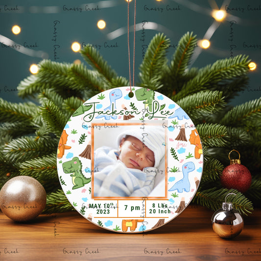 Personalized Baby Boy Dinosaur Theme Birth Stats Christmas Photo Ornament