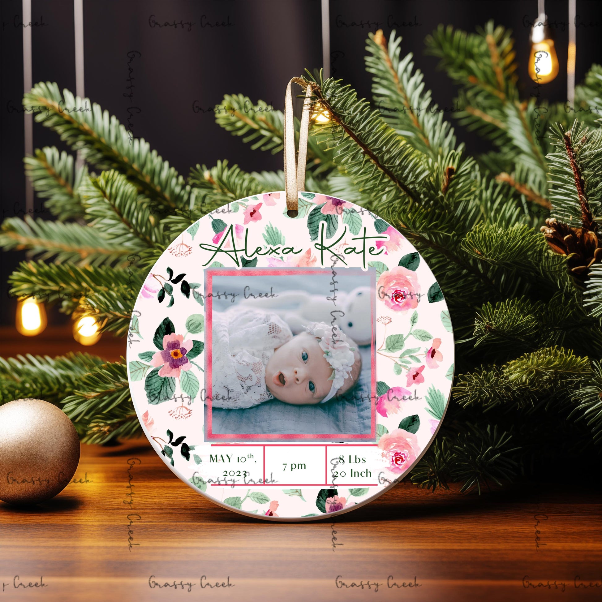 Personalized Baby Girl Floral Birth Stats Photo Ornament