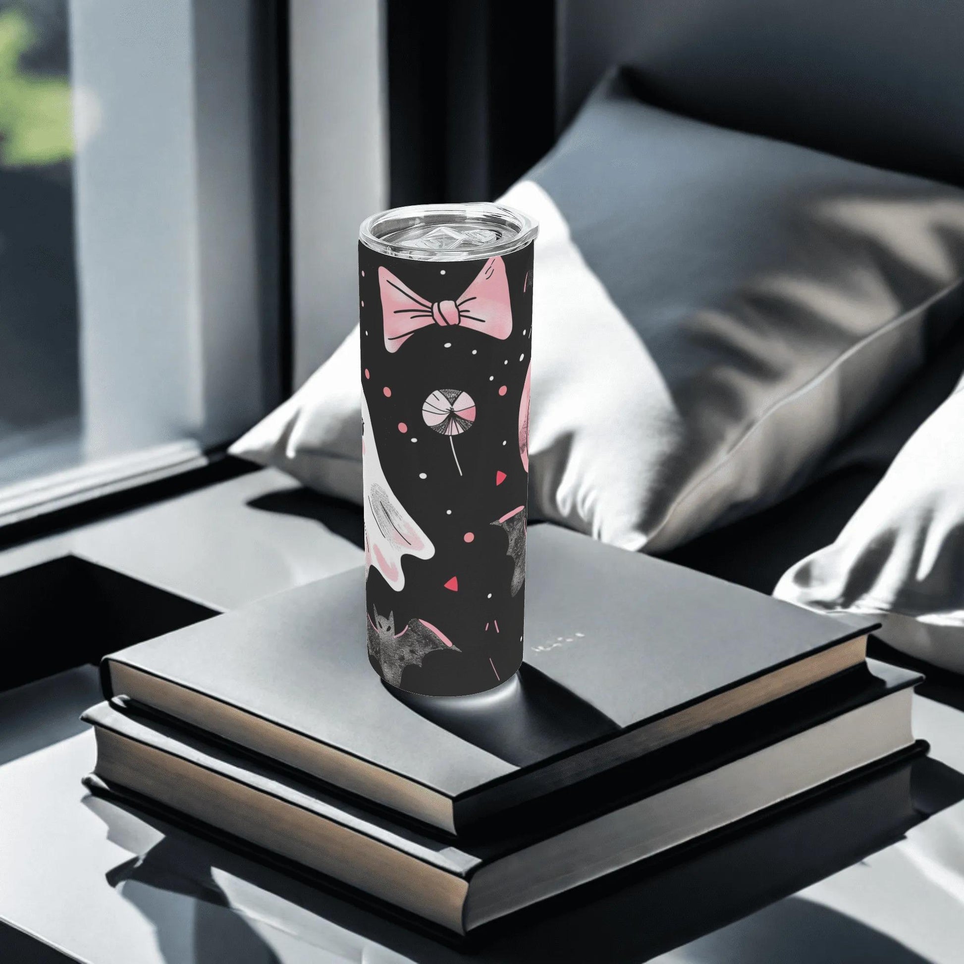 Ghosts & Bats with Pink Accents Girly Halloween 20oz Skinny Stainless Steel Tumbler