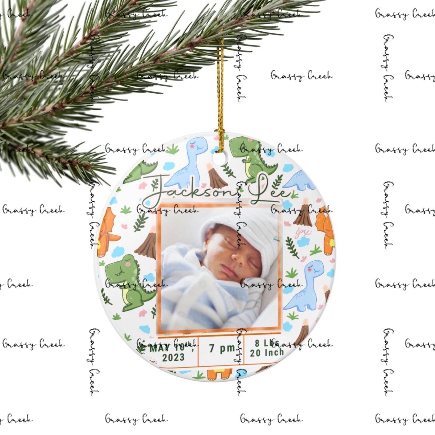 Personalized Baby Boy Dinosaur Theme Birth Stats Christmas Photo Ornament