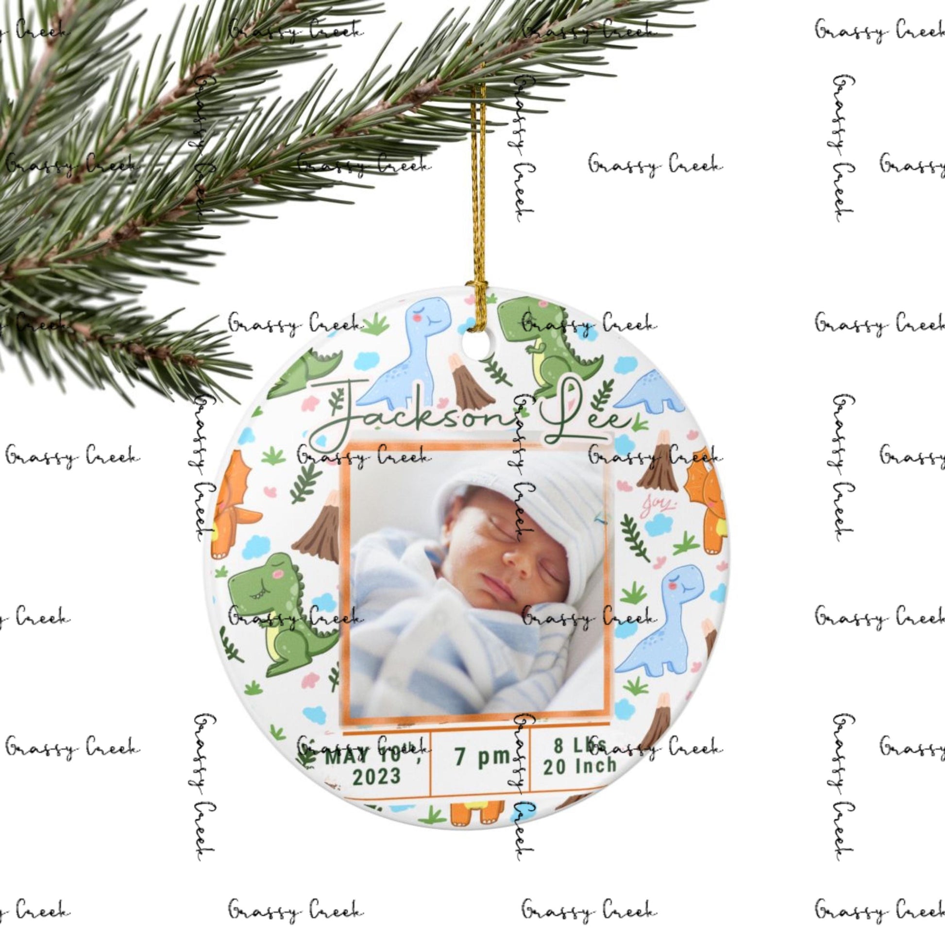 Personalized Baby Boy Dinosaur Theme Birth Stats Christmas Photo Ornament