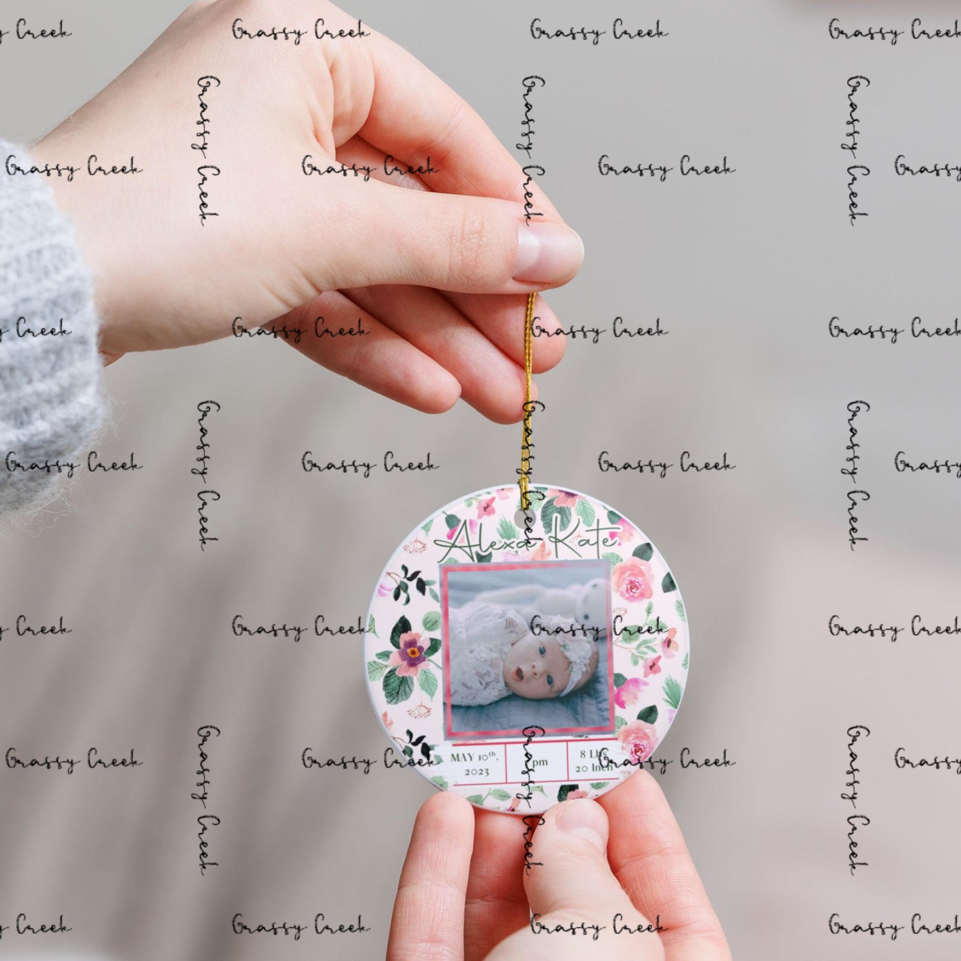 Personalized Baby Girl Floral Birth Stats Photo Ornament