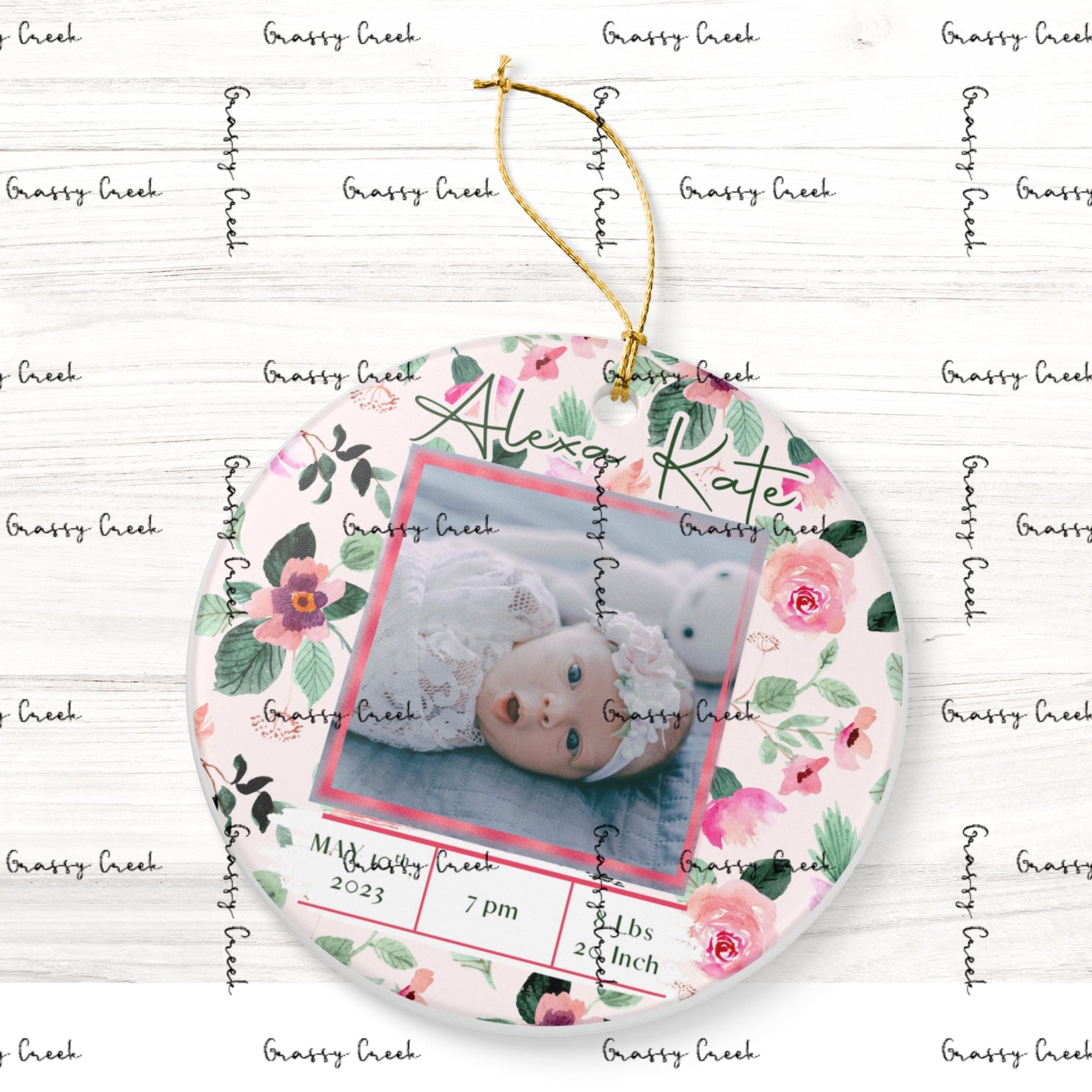 Personalized Baby Girl Floral Birth Stats Photo Ornament