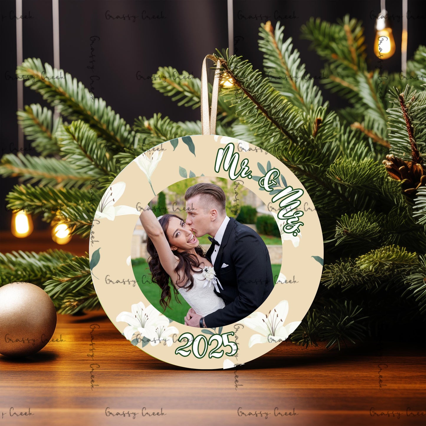 Personalized White Floral Wedding Ornament, Mr & Mrs, Newlywed Gift, Christmas Keepsake, Engagement Celebration