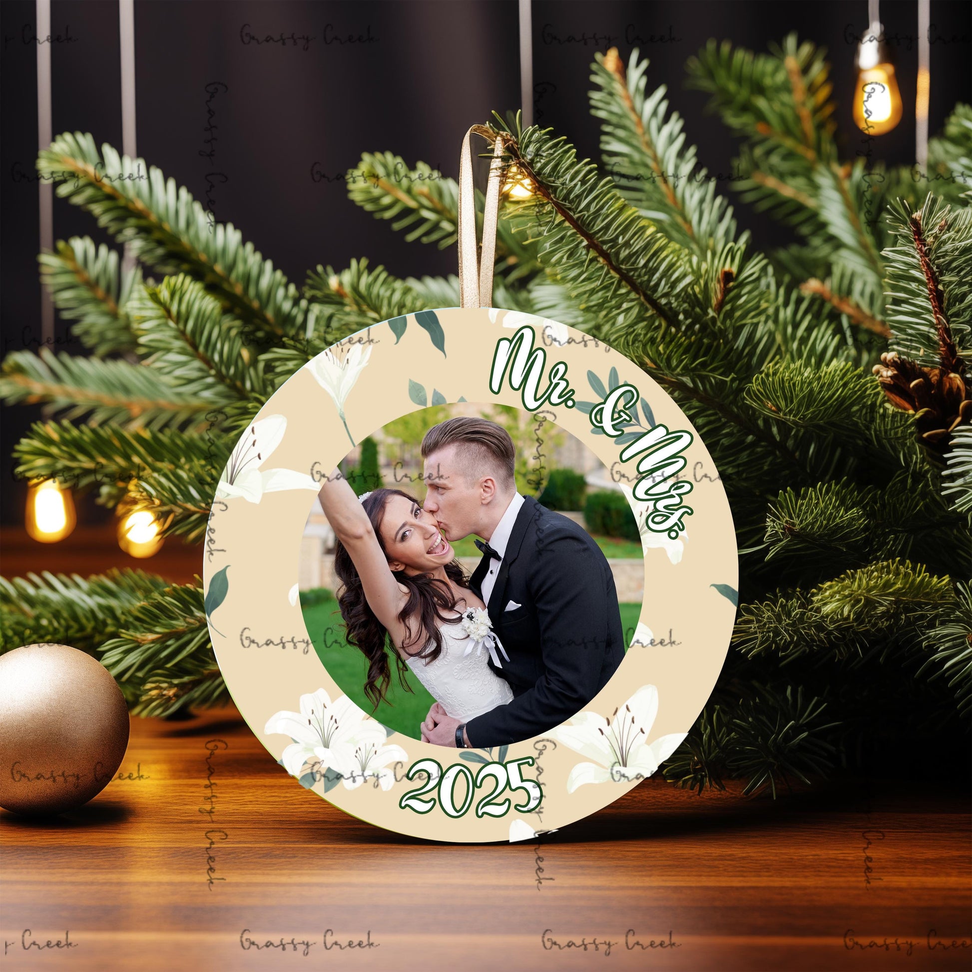 Personalized White Floral Wedding Ornament, Mr & Mrs, Newlywed Gift, Christmas Keepsake, Engagement Celebration