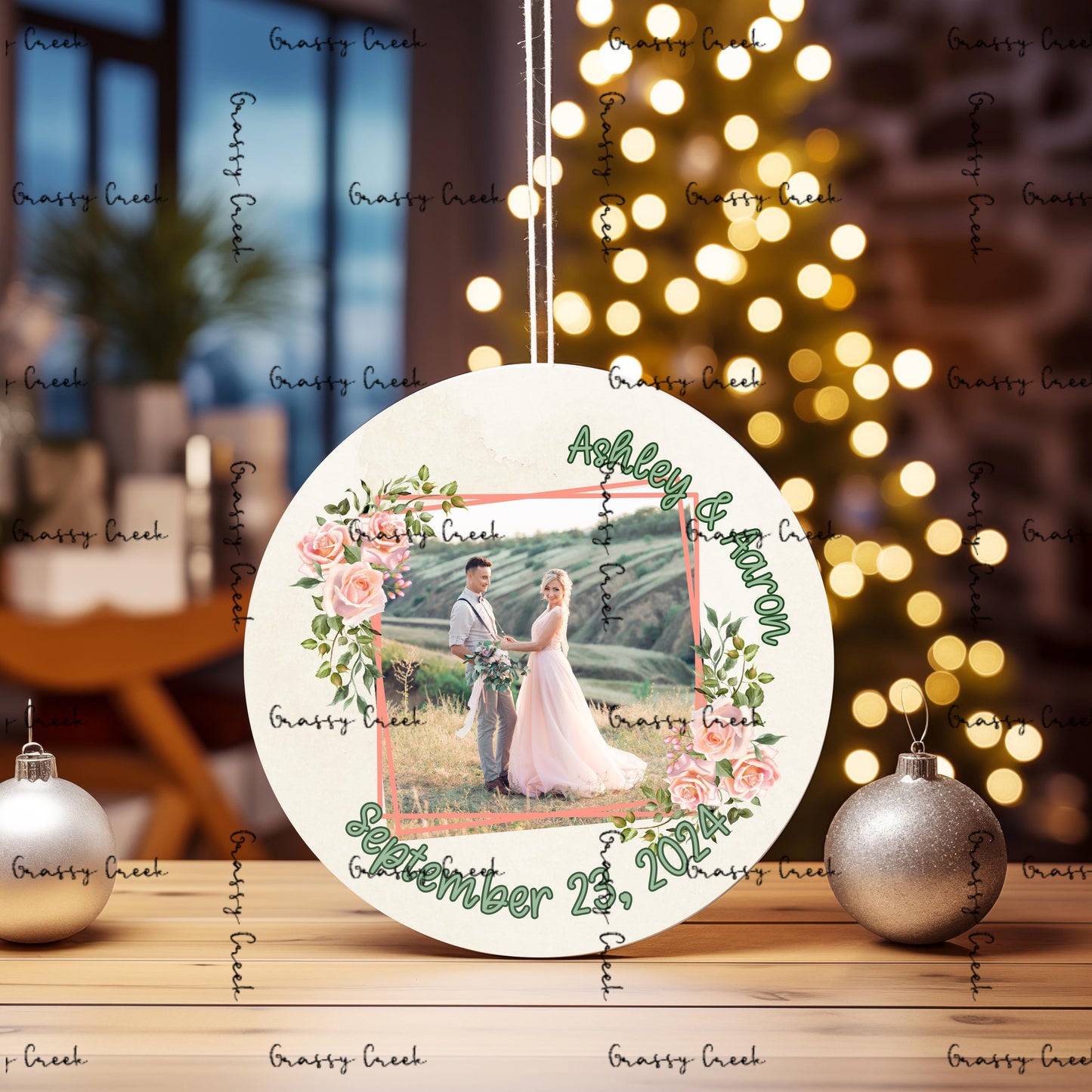 Personalized Romantic Floral Wedding Photo Ornament