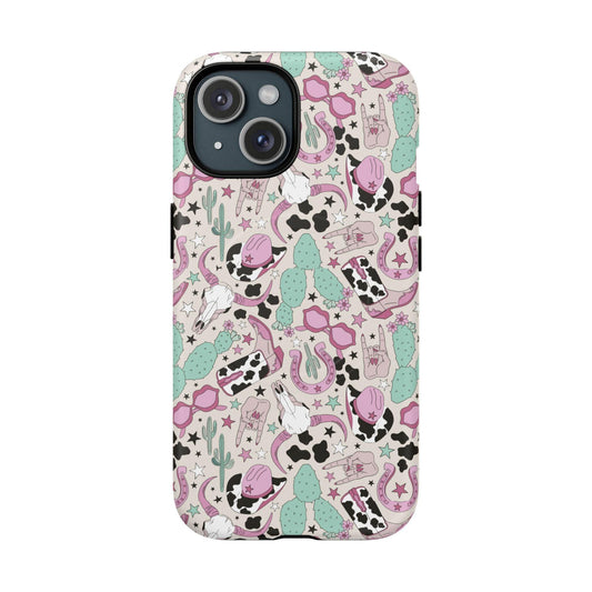 Boots, Skulls & Cactus Pastel Western Print Magnetic Impact-Resistant Phone Case for Apple iPhone Models