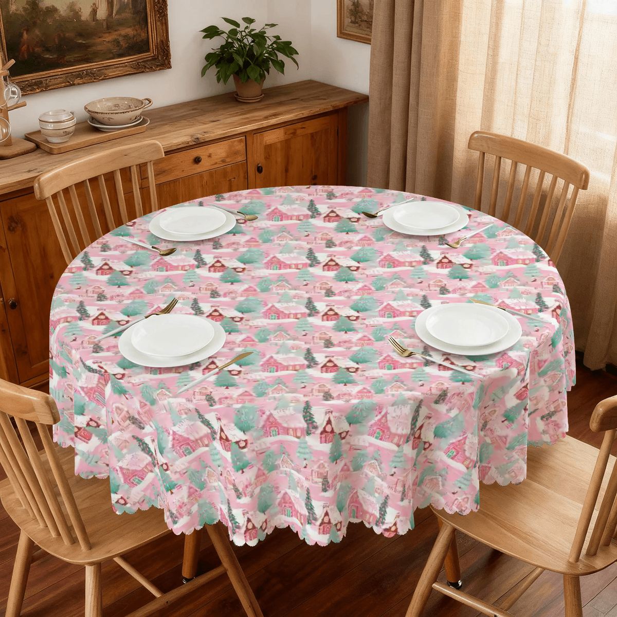 Pink Wonderland Christmas Round Tablecloth with Wavy Edge 60"