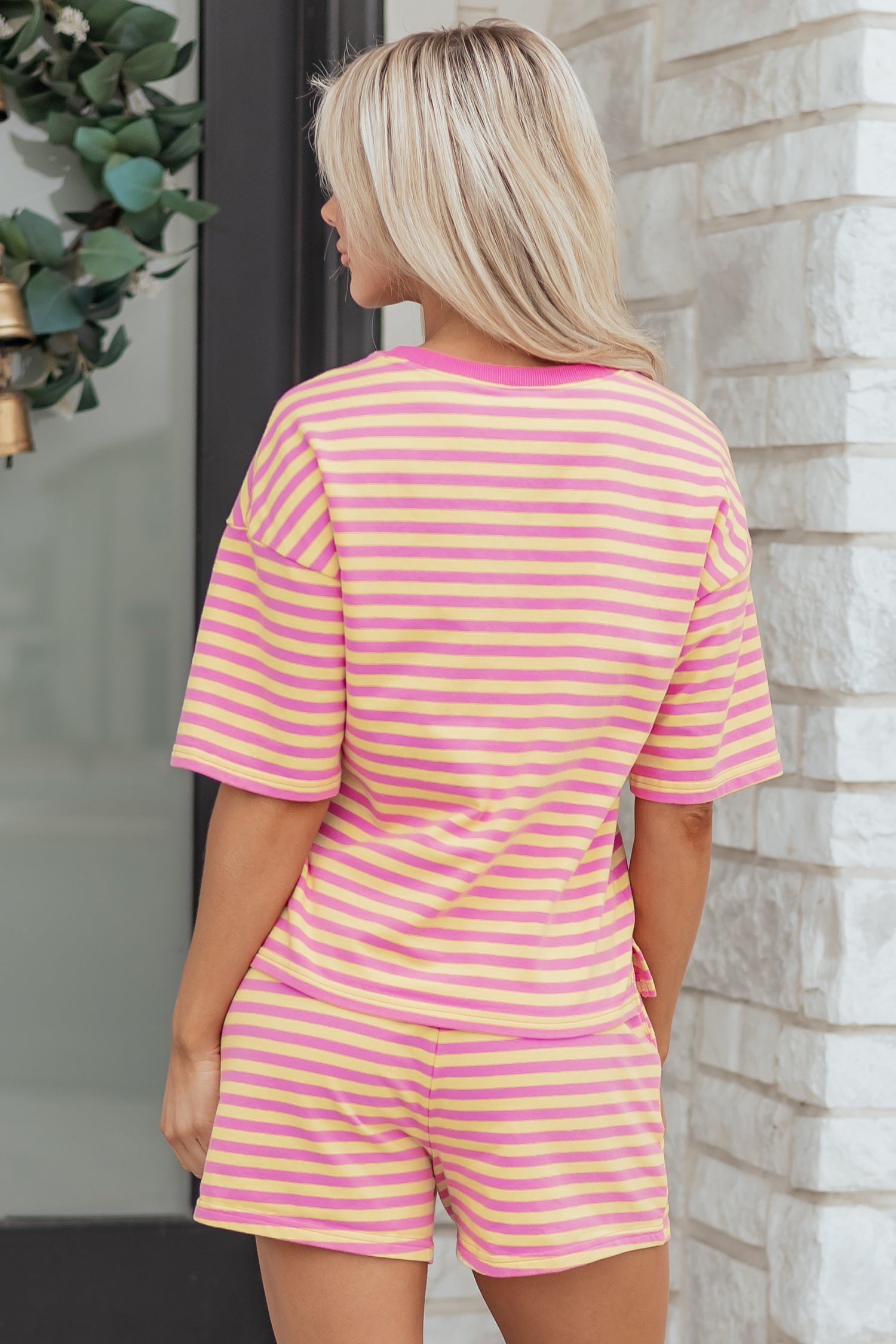 Yellow Stripe Drop Shoulder Boxy Casual Terry Short Set - Back view on model in rose stripe