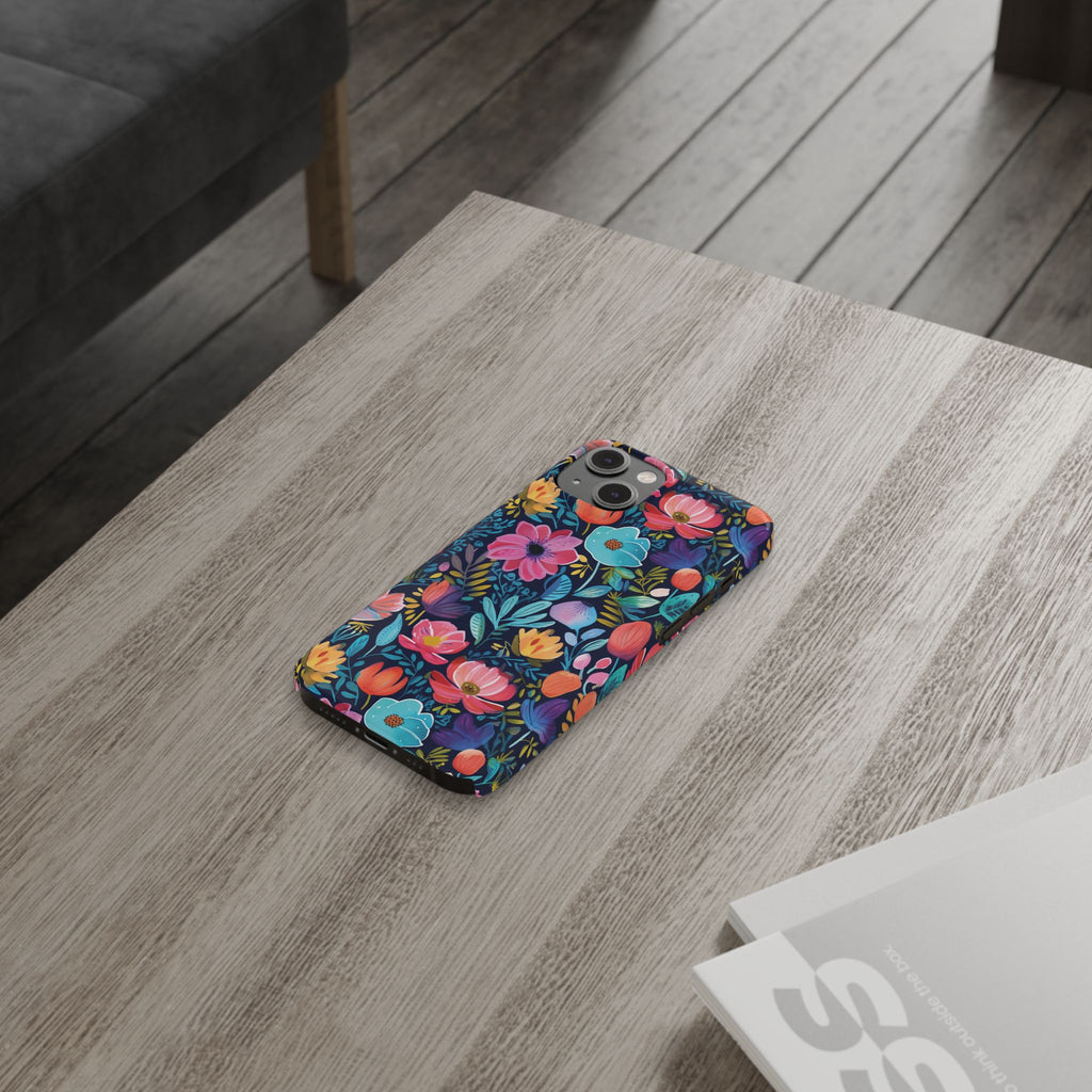 Midnight Garden Navy Bright Floral Slim iPhone Case