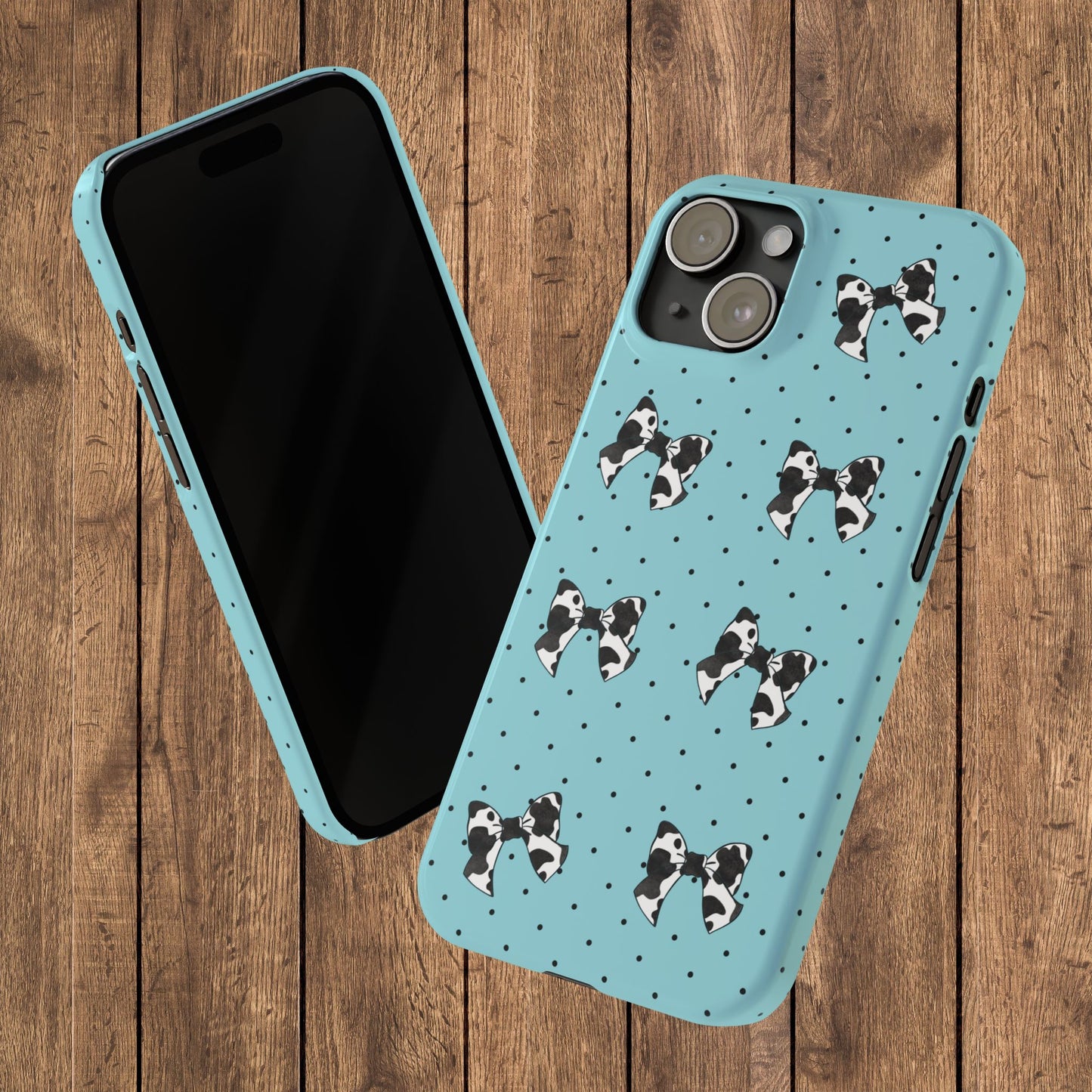 Cow Print Coquette Bow & Polka Dot Teal Slim iPhone Case