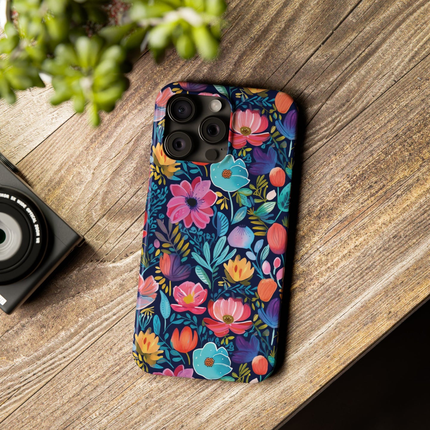 Midnight Garden Navy Bright Floral Slim iPhone Case