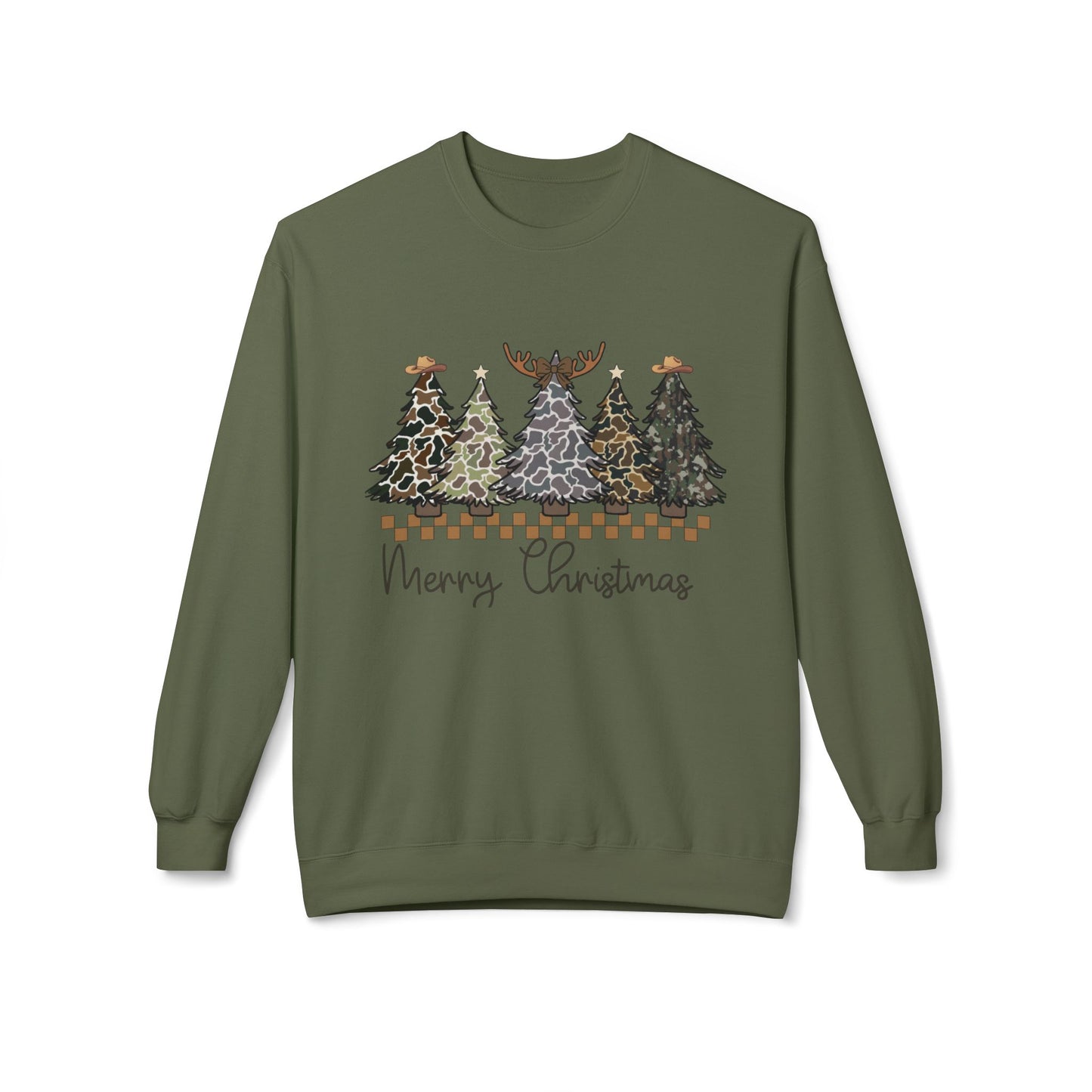 Cowboy Camouflage Merry Christmas Trees Fleece Crewneck Sweatshirt
