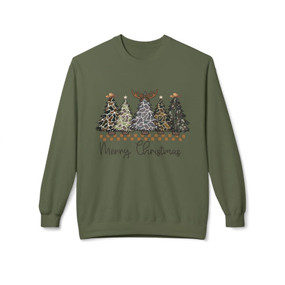 Cowboy Camouflage Merry Christmas Trees Fleece Crewneck Sweatshirt