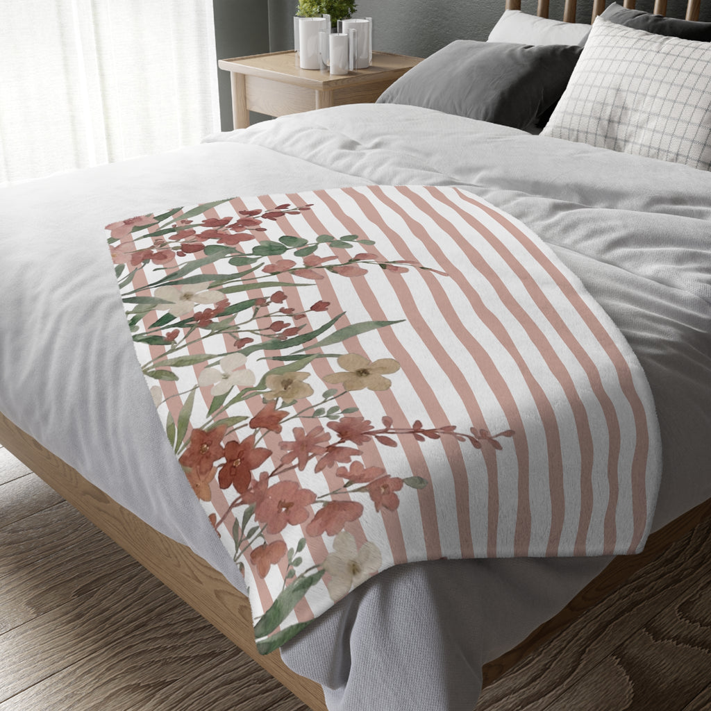 Dusty Rose Garden Stripes Velveteen Microfiber Baby Blanket