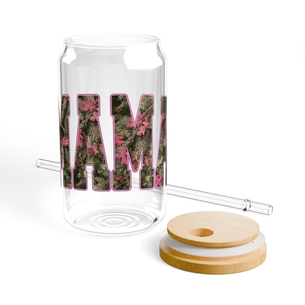 Pink Camouflage MAMA 16oz Glass Can Tumbler with Lid & Reusable Straw