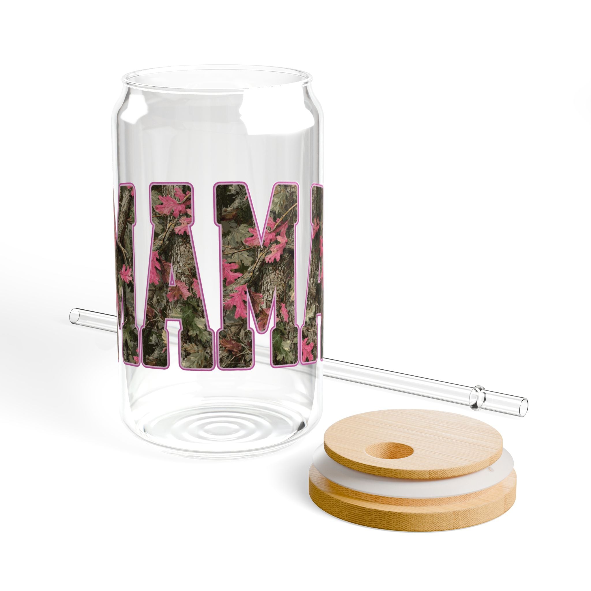 Pink Camouflage MAMA 16oz Glass Can Tumbler with Lid & Reusable Straw