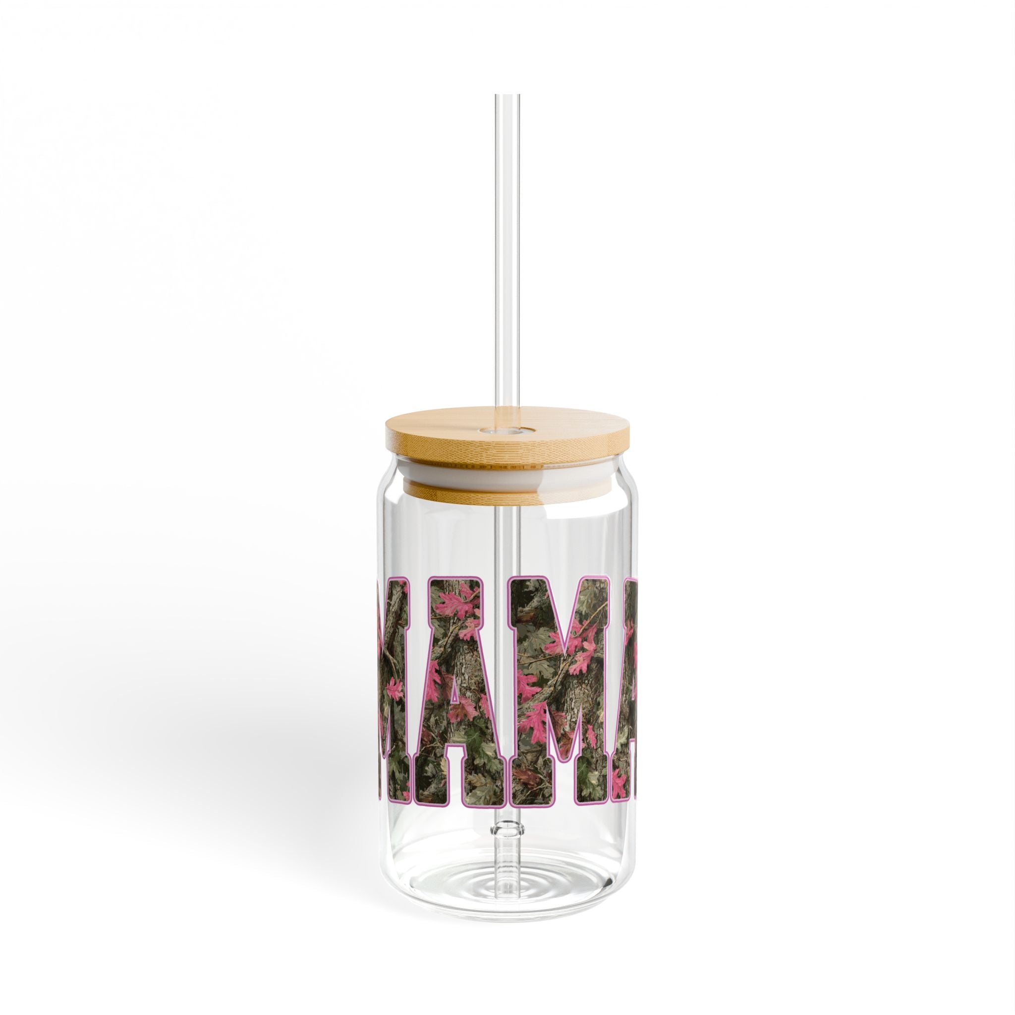 Pink Camouflage MAMA 16oz Glass Can Tumbler with Lid & Reusable Straw