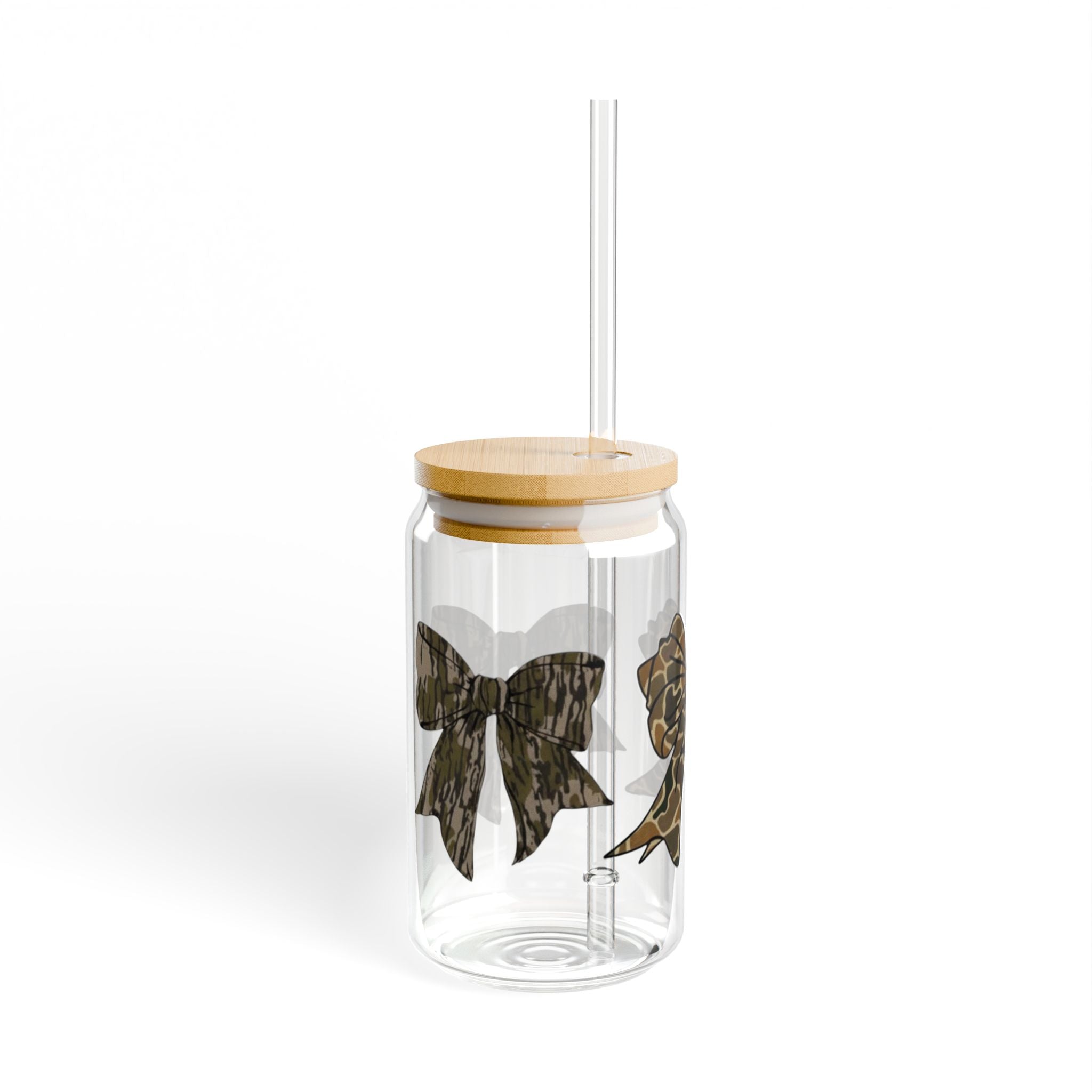 Camouflage Bows 16oz Glass Can Tumbler with Lid & Reusable Straw