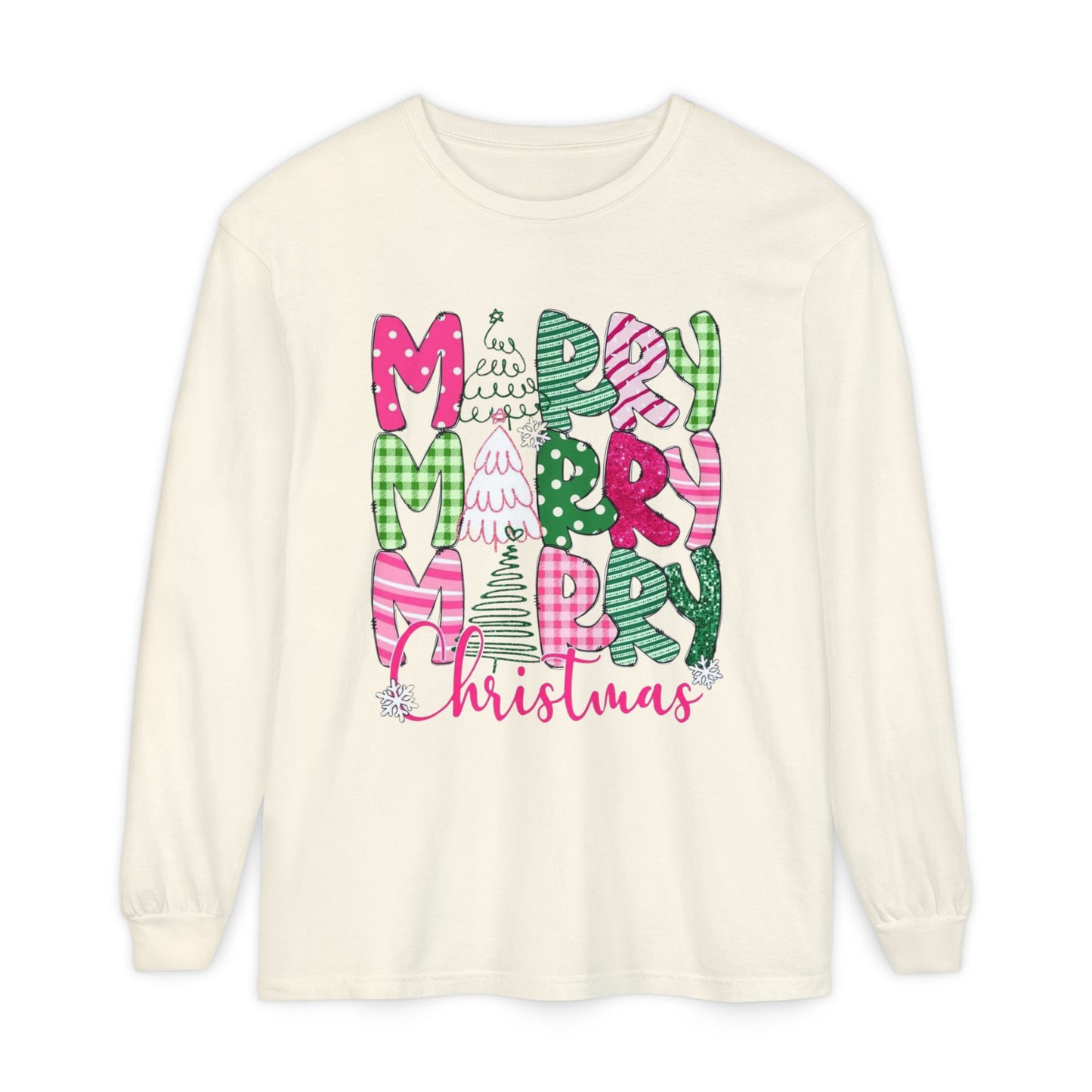 Merry Merry Merry Christmas Pink & Green Design Long Sleeve T-Shirt