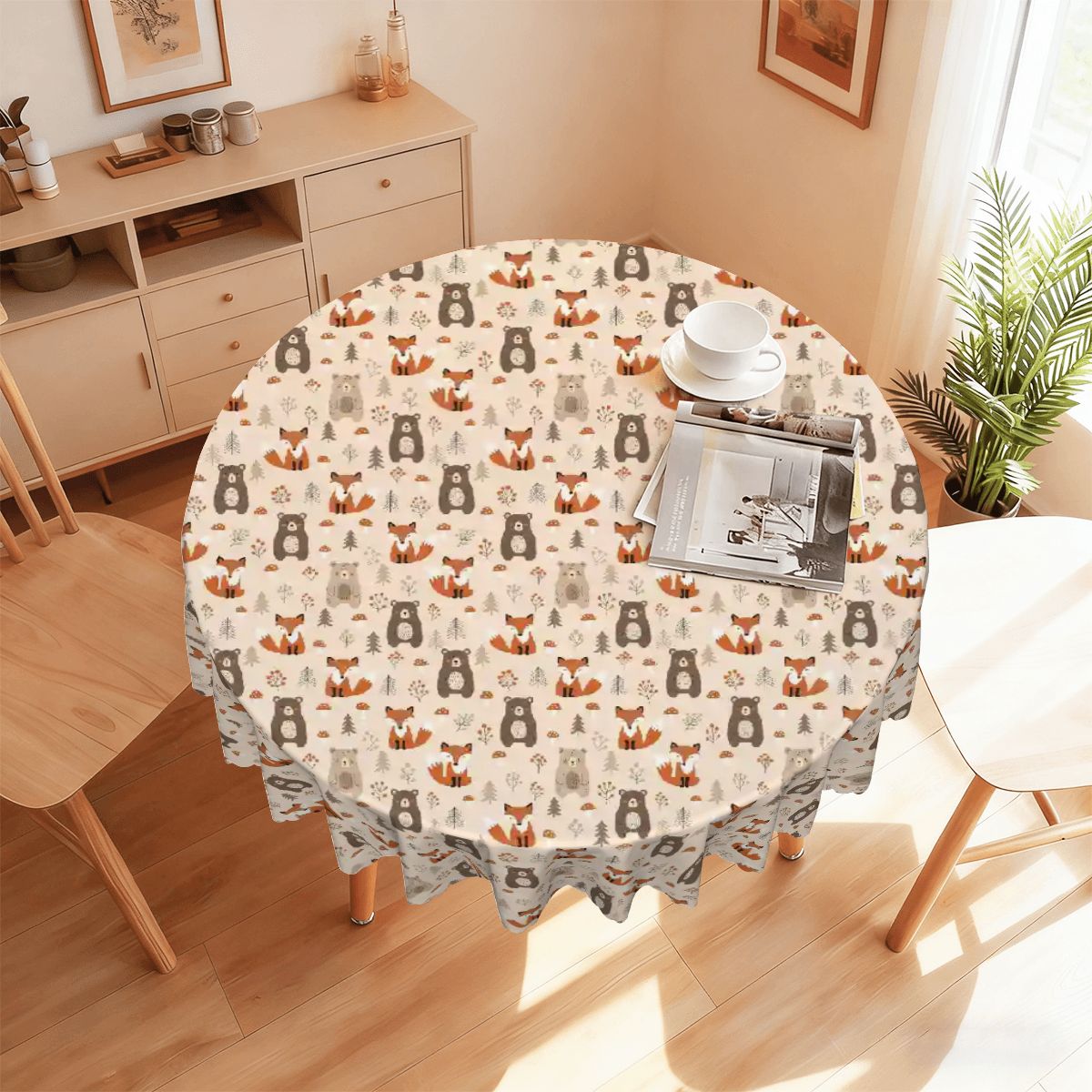 Woodland Forest Friends Round Tablecloth with Wavy Edge 60"