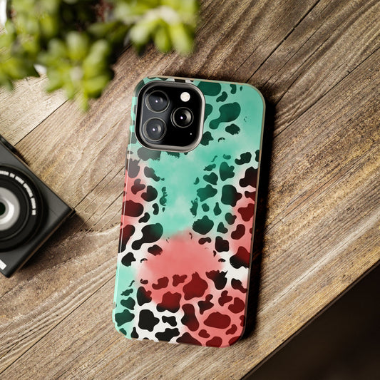Coral & Teal Watercolor Cow Print Blended iPhone Tough Phone Case
