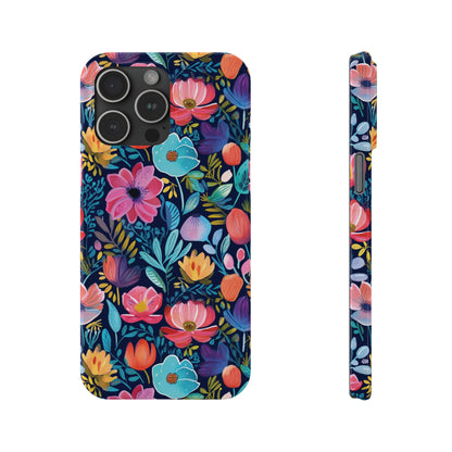 Midnight Garden Navy Bright Floral Slim iPhone Case