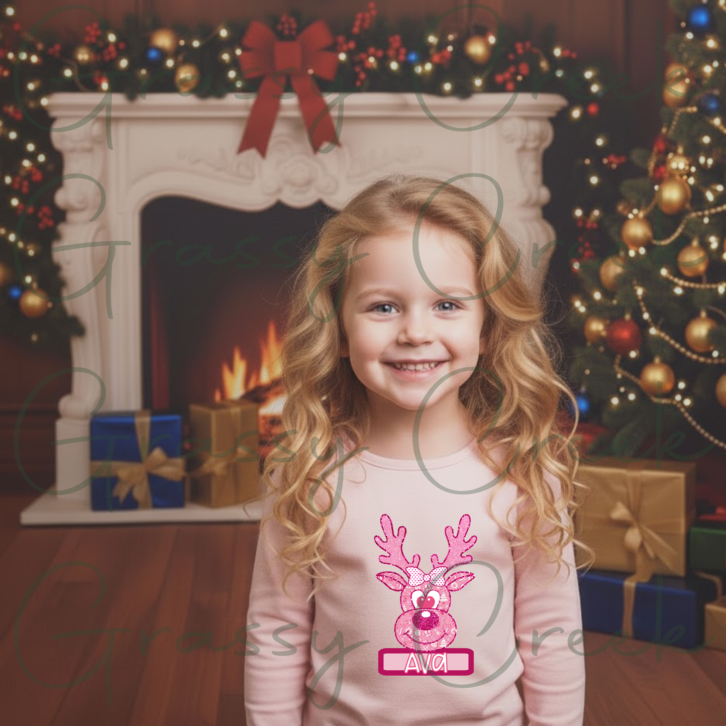 Pink Christmas Theme Pattern Reindderr Youth Personalized Name PNG File - Digital Download