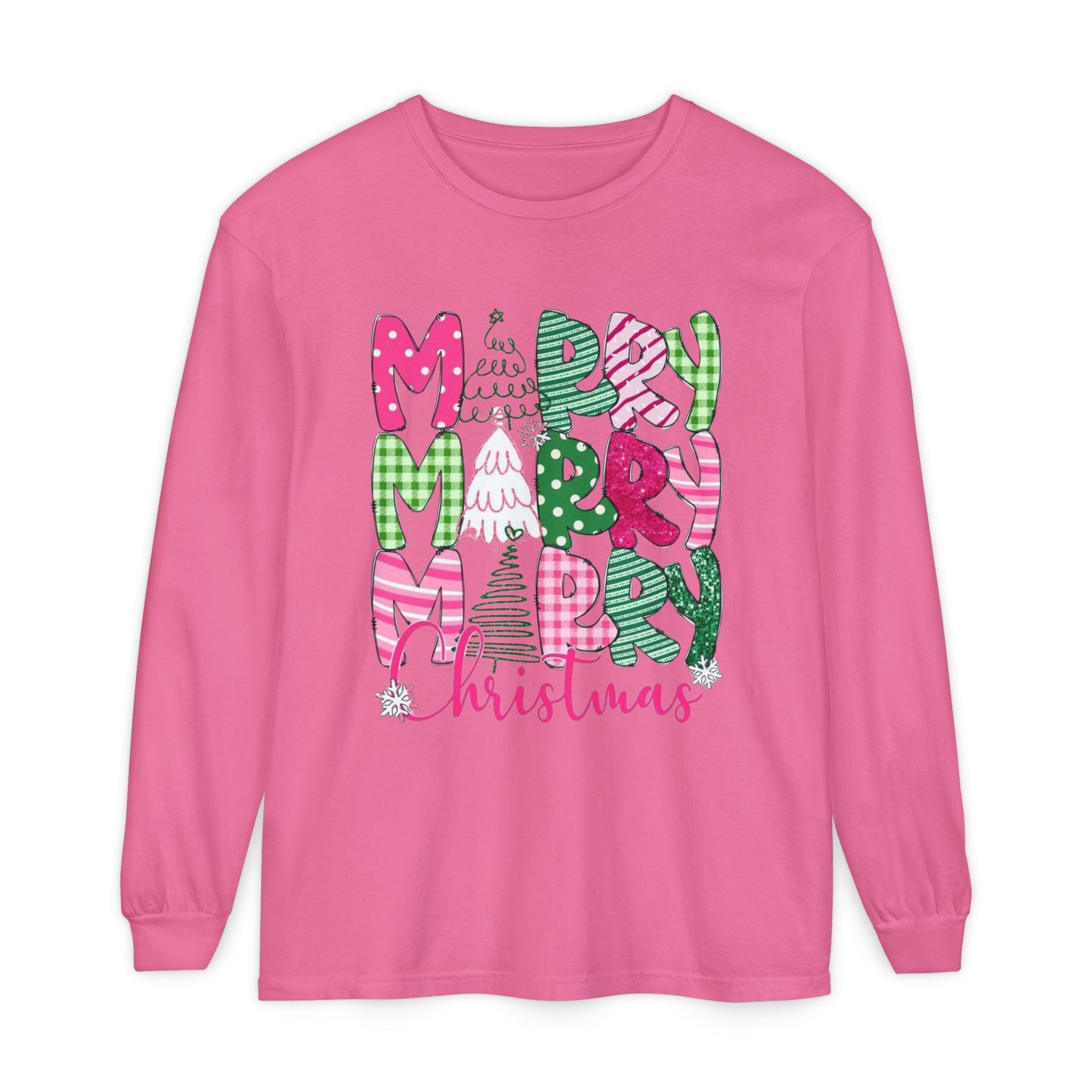 Merry Merry Merry Christmas Pink & Green Design Long Sleeve T-Shirt