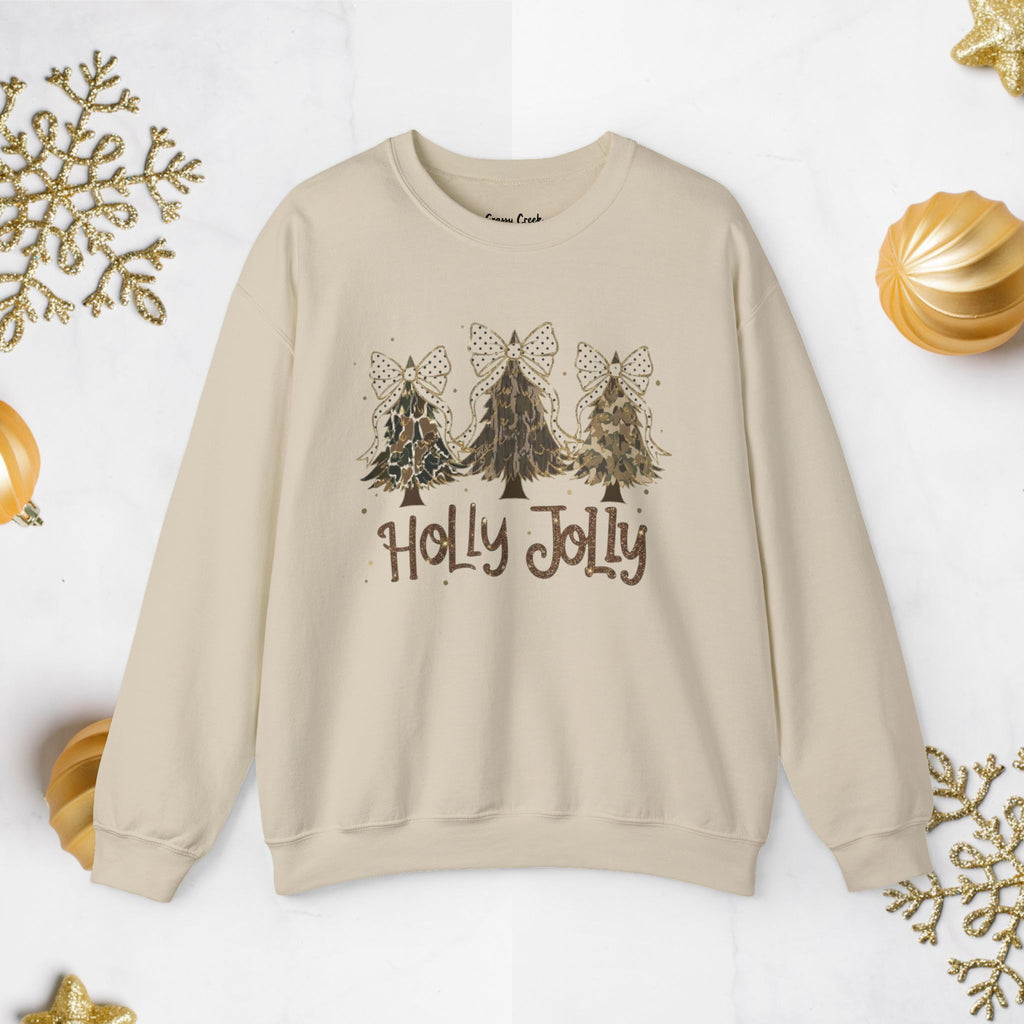 Holly Jolly Camo & Leopard Christmas Tree Womens Crewneck Sweatshirt