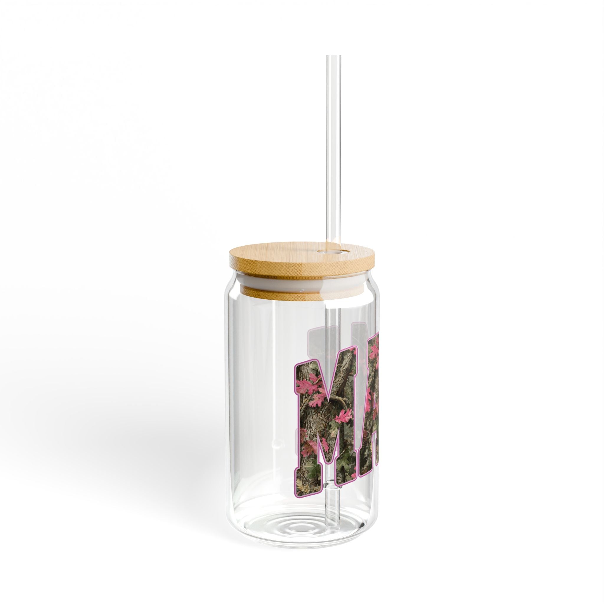 Pink Camouflage MAMA 16oz Glass Can Tumbler with Lid & Reusable Straw