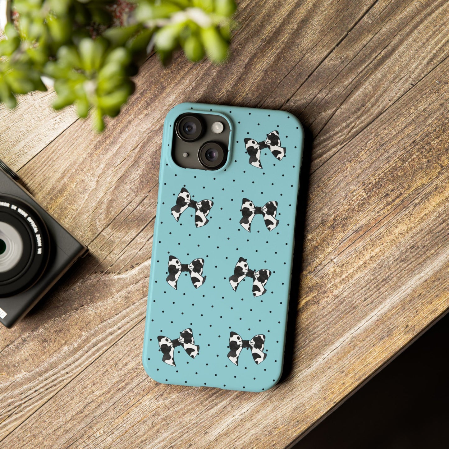 Cow Print Coquette Bow & Polka Dot Teal Slim iPhone Case
