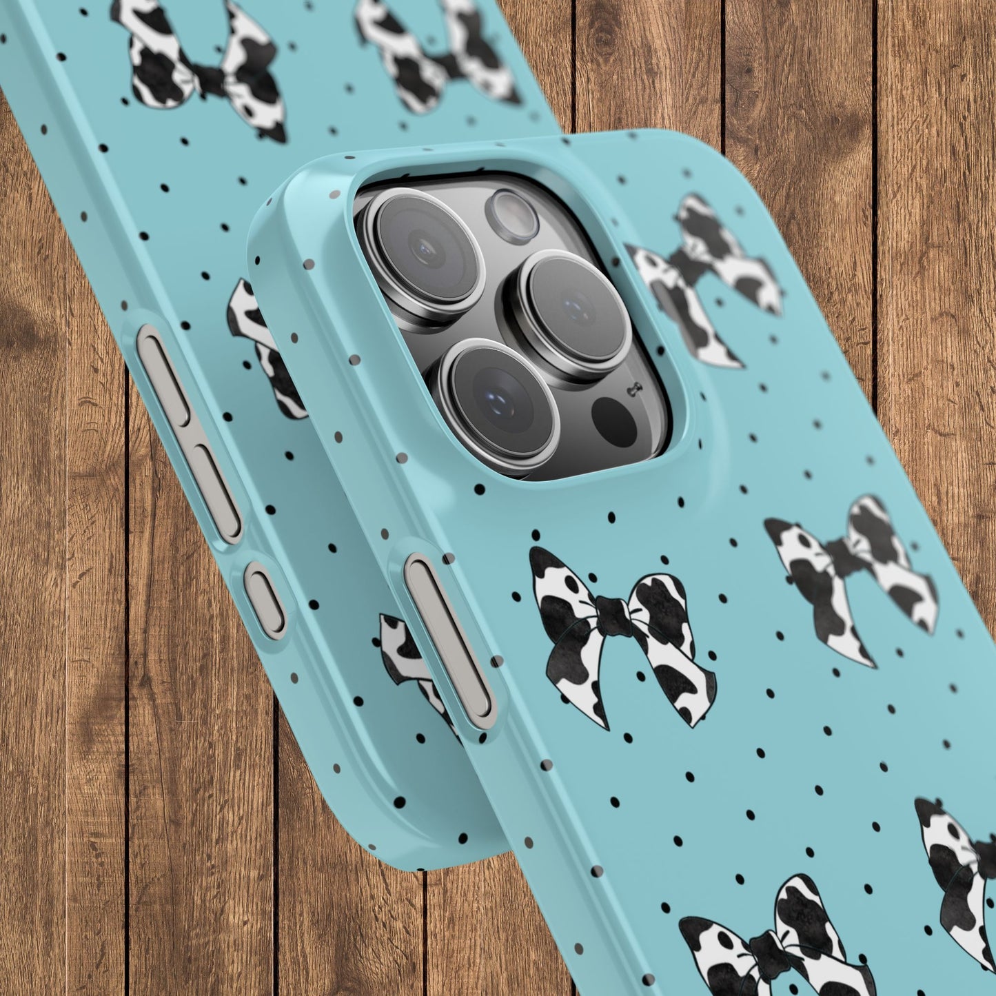 Cow Print Coquette Bow & Polka Dot Teal Slim iPhone Case