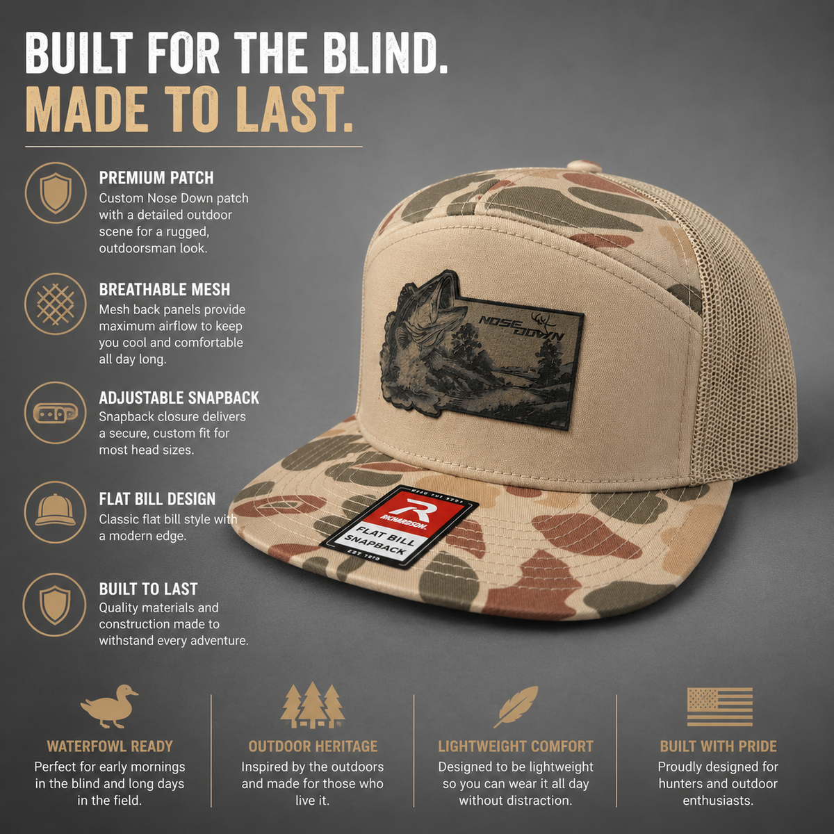 Bass Fishing 7 Panel Bill Snapback Hat