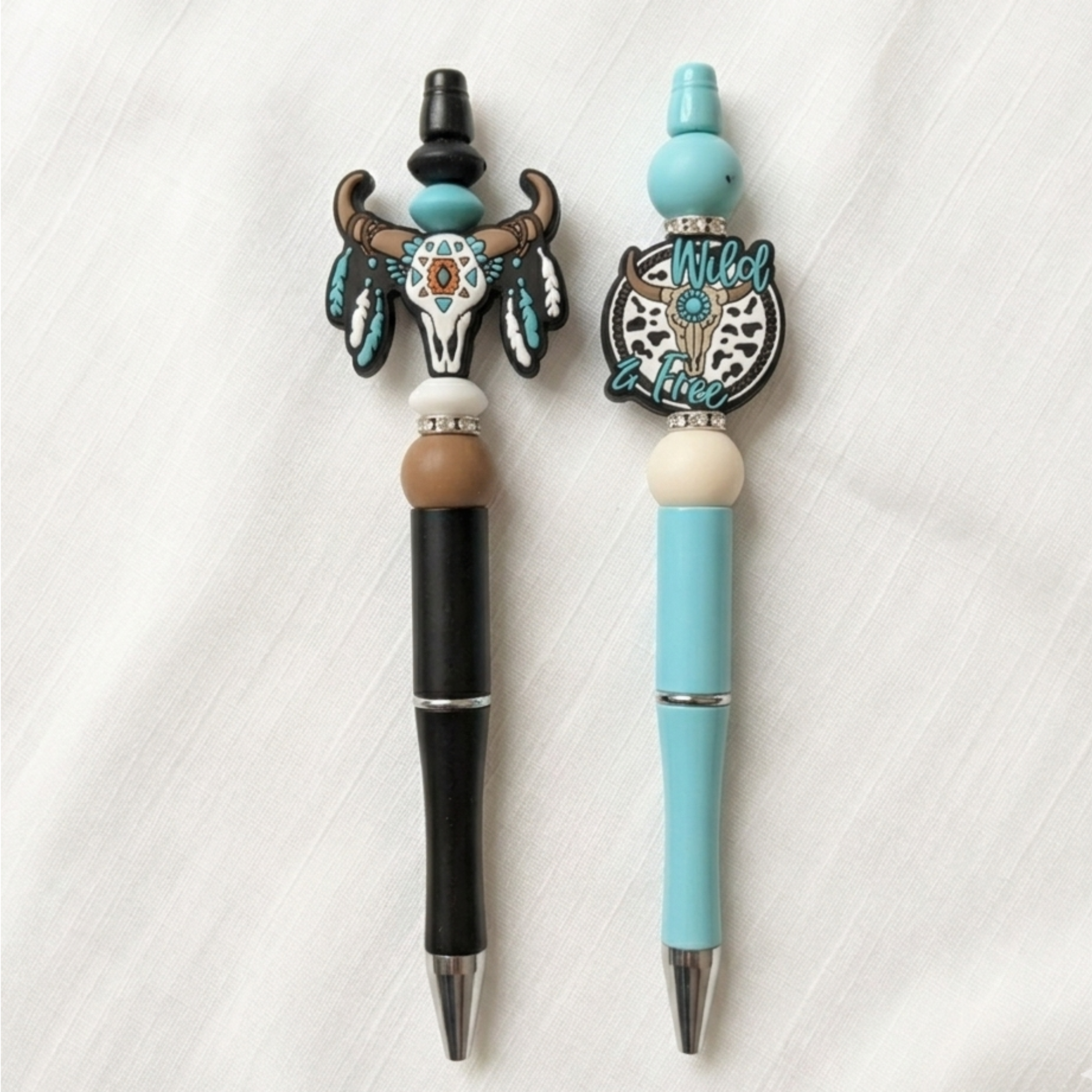 Desert Dreamer Beaded Pens – 2pc Set with Cowhide & Skull Accent