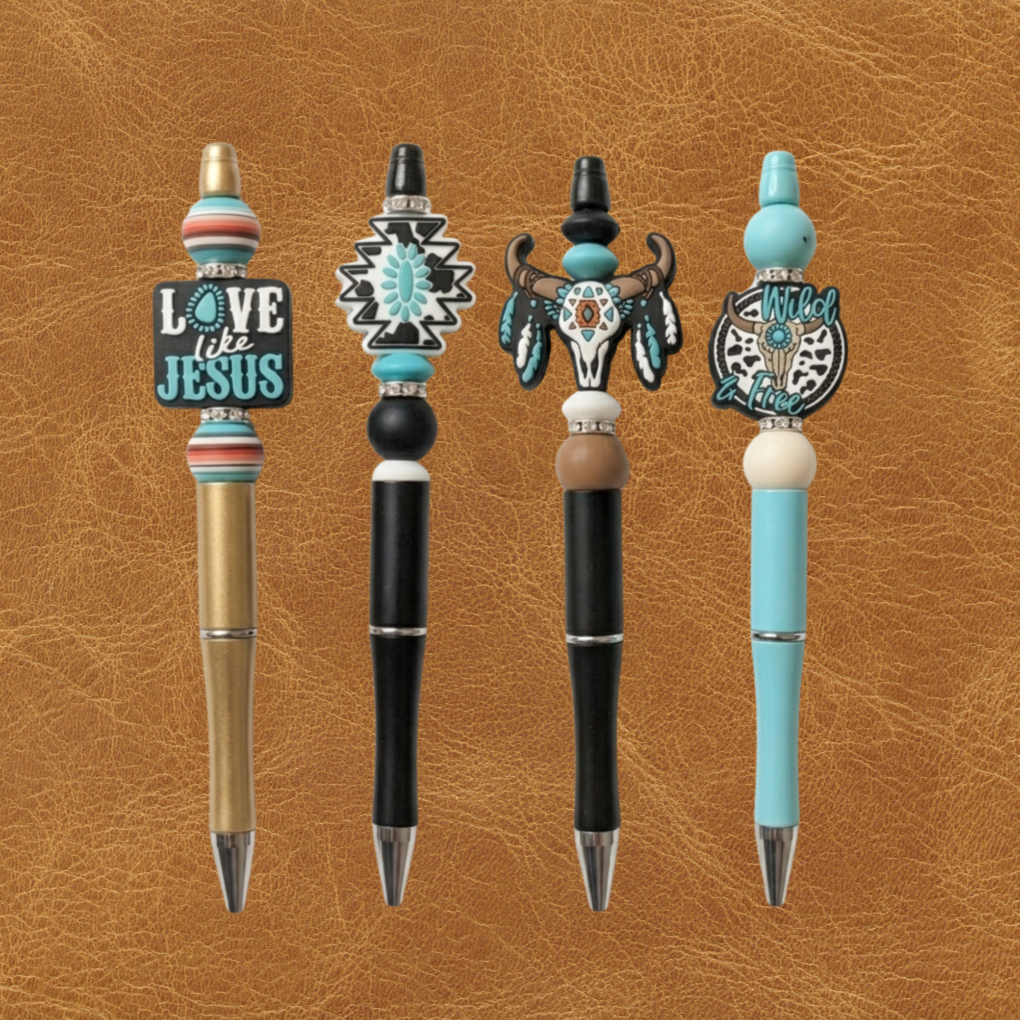 Desert Dreamer Beaded Pens – 2pc Set with Cowhide & Skull Accent