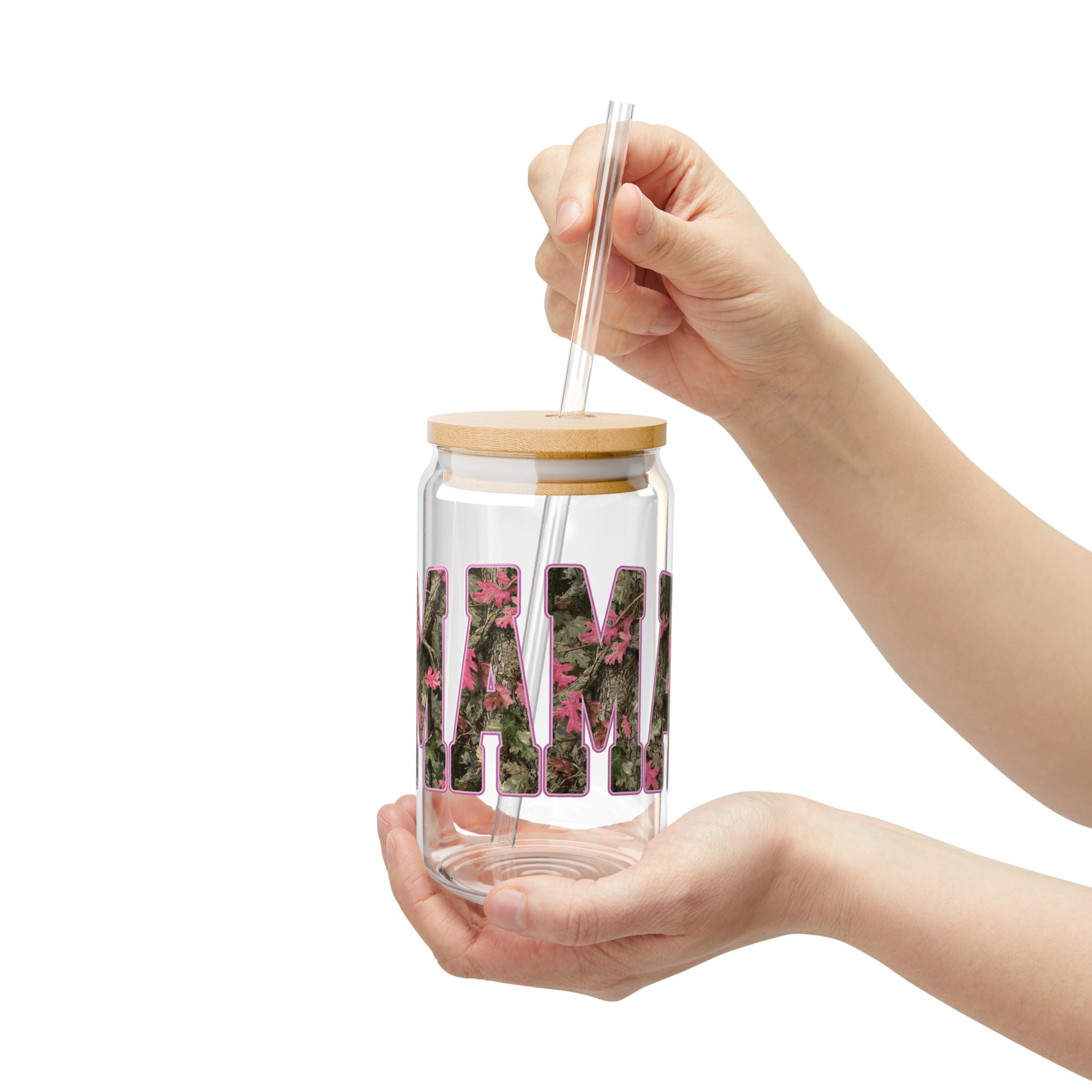 Pink Camouflage MAMA 16oz Glass Can Tumbler with Lid & Reusable Straw