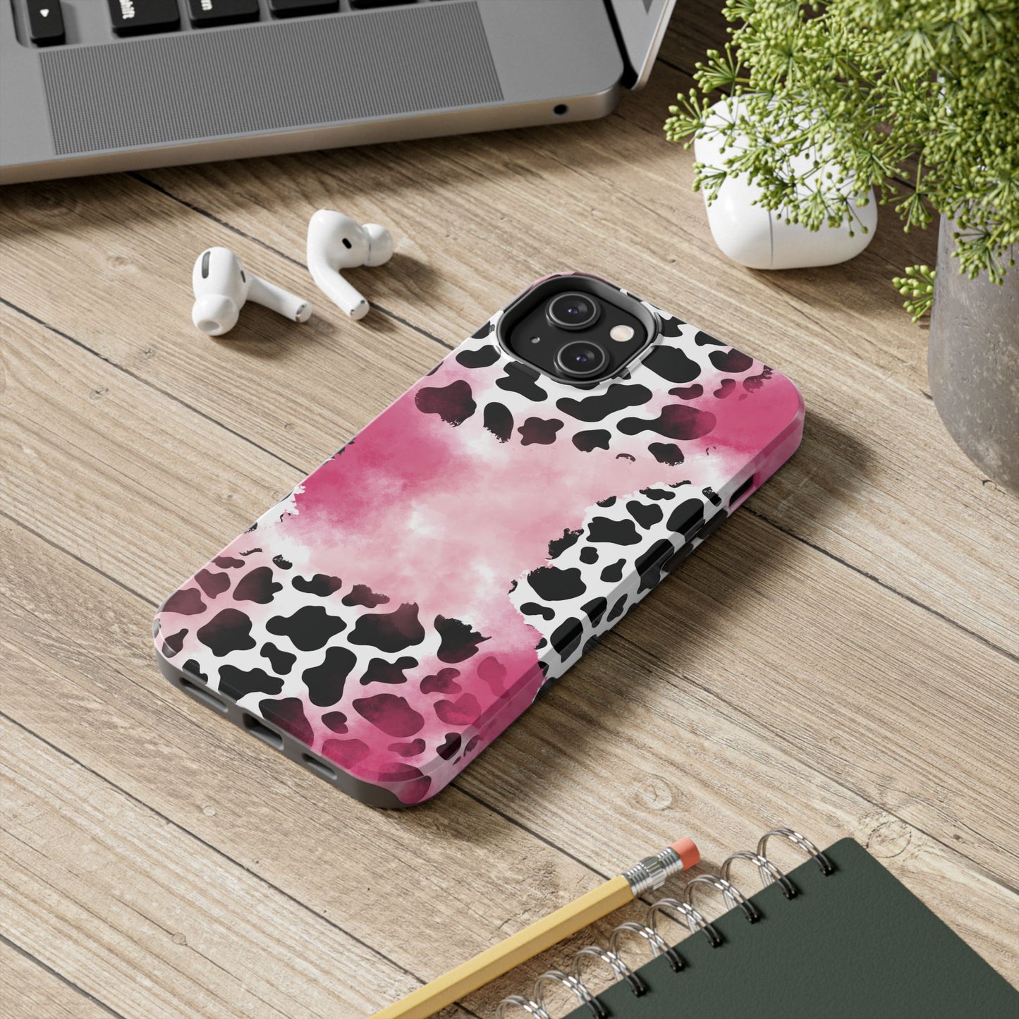 Pink Watercolor Cow Print Blend iPhone Tough Phone Case