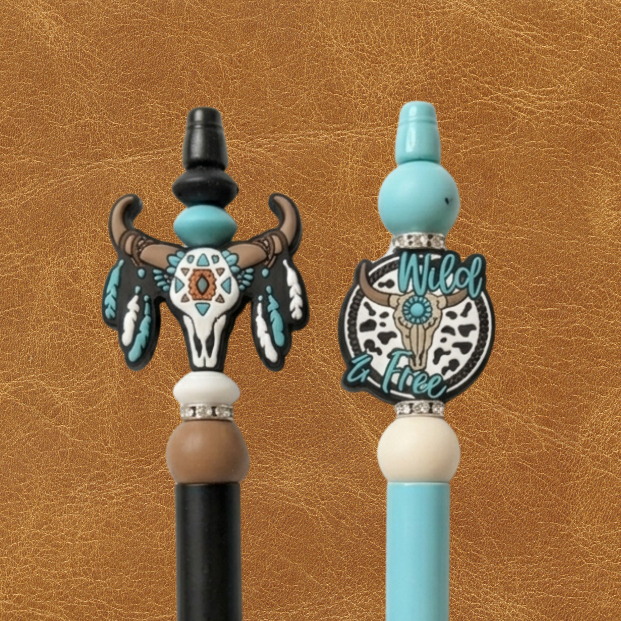 Desert Dreamer Beaded Pens – 2pc Set with Cowhide & Skull Accent