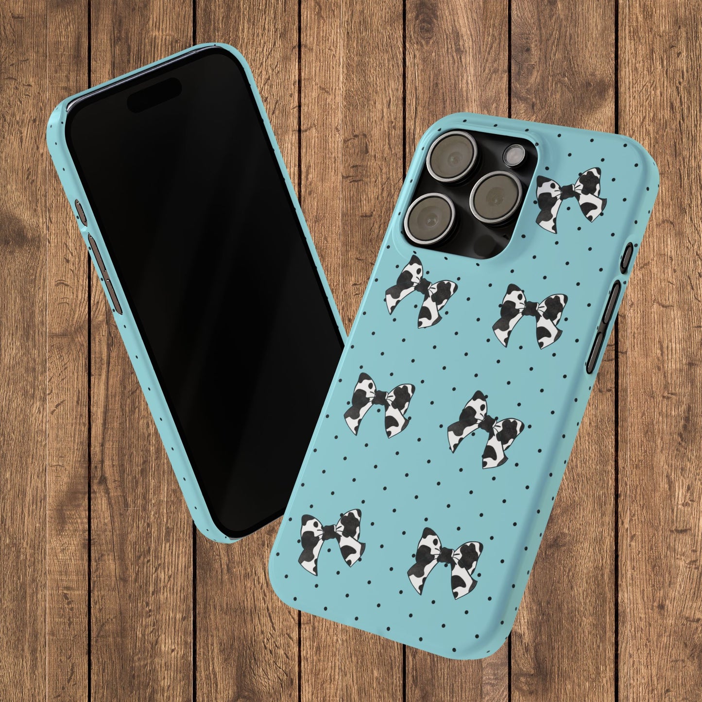 Cow Print Coquette Bow & Polka Dot Teal Slim iPhone Case