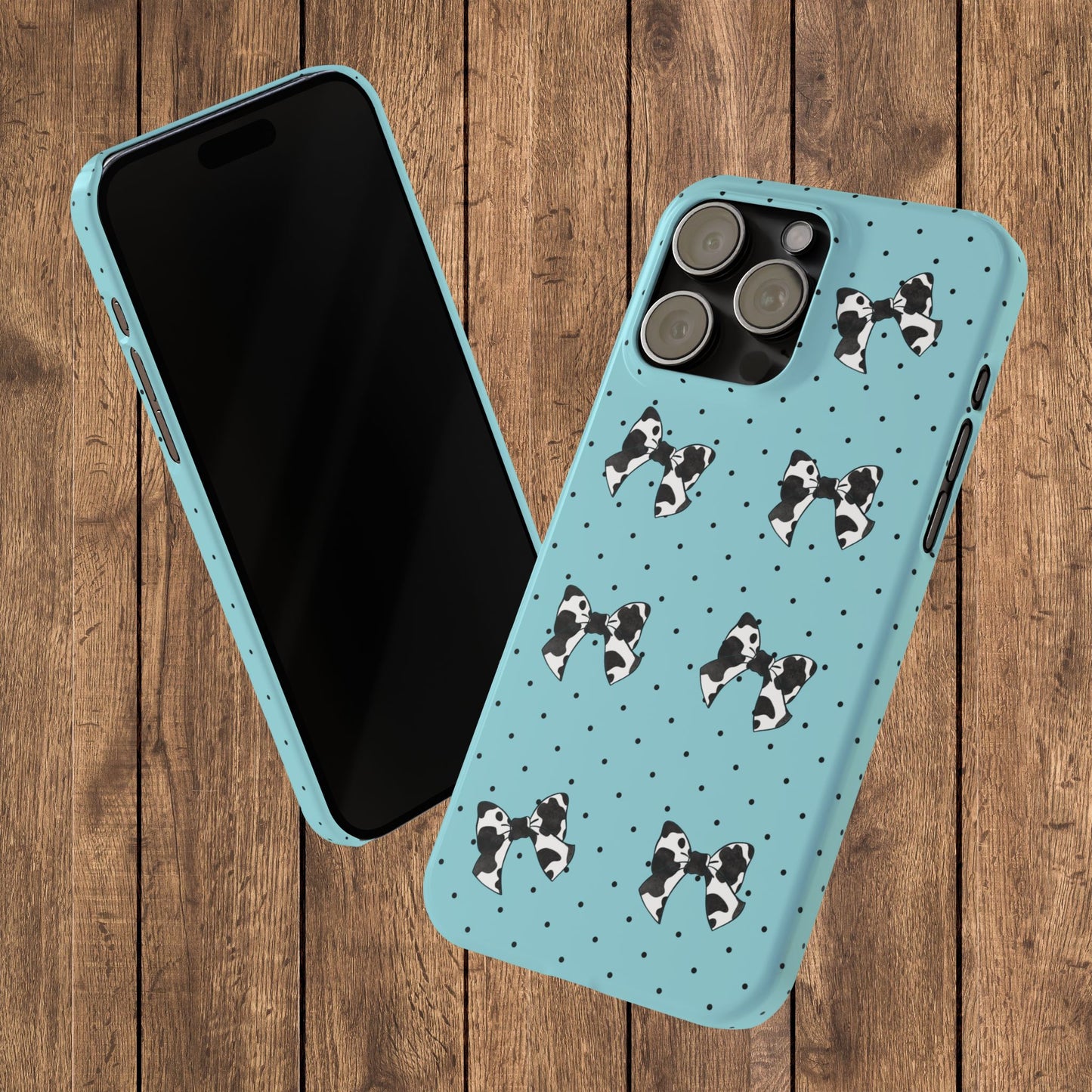 Cow Print Coquette Bow & Polka Dot Teal Slim iPhone Case