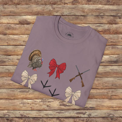 Turkeys, Glitter, and Bows: Coquette Female Hunting  Softstyle T-Shirt